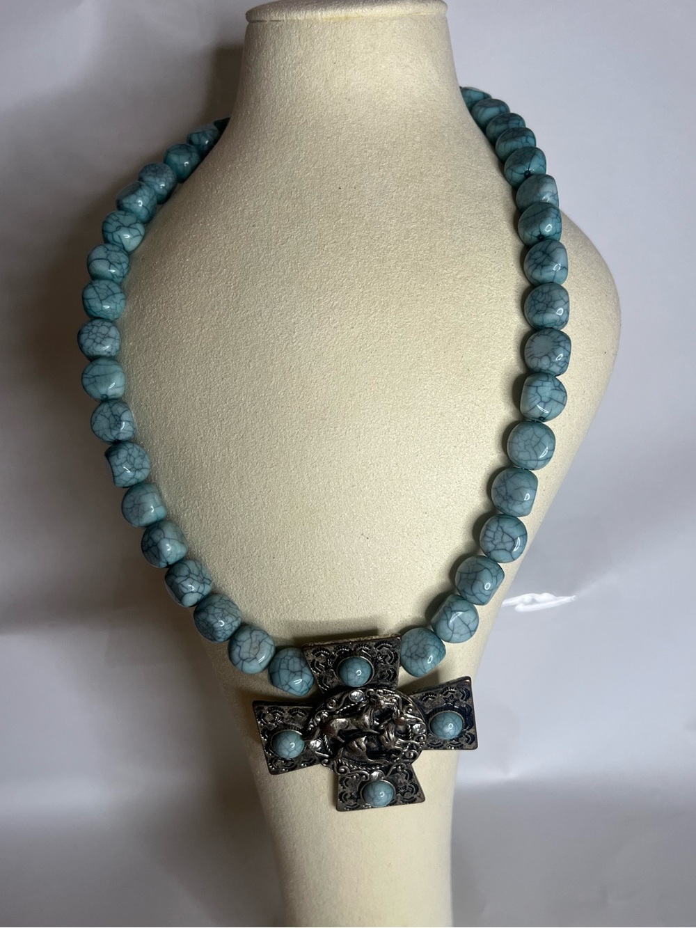 Turquoise magnesite beaded cross necklace